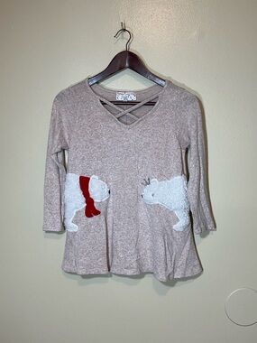 Poof! Pink Long-Sleeve Tee with Polar Bear poof Red Scarf Crown. Glittery.